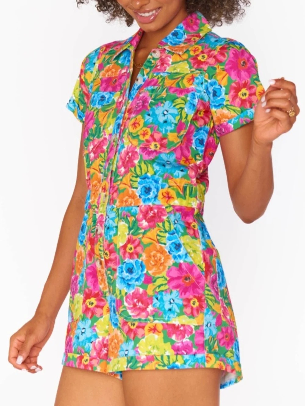 Show Me Your Mumu Vibrant Floral Denim Short Romper- Medium - Picture 2 of 5